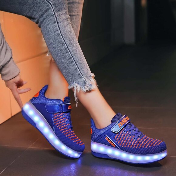 Kid's Girls Double Wheel Blue Lighting Skate Sneaker USB Chargable LED Shoes - Picture 9 of 9